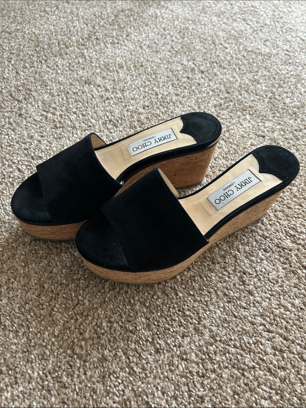 Jimmy Choo Black Suede Cork Wedge Mules